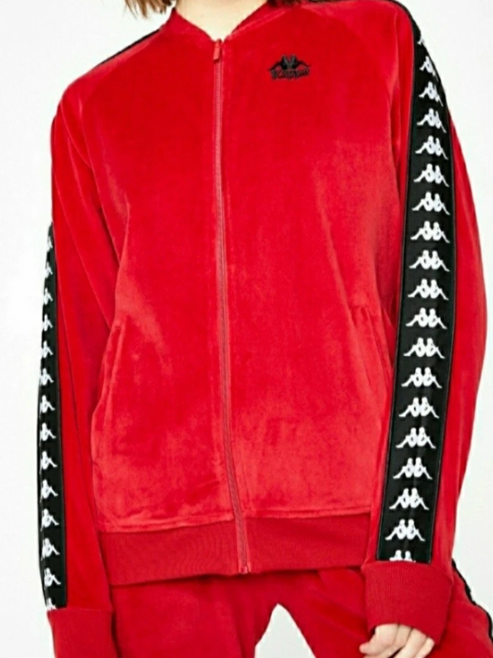 Kappa Women's Red Velour Zip Jacket with Black Logo Tape